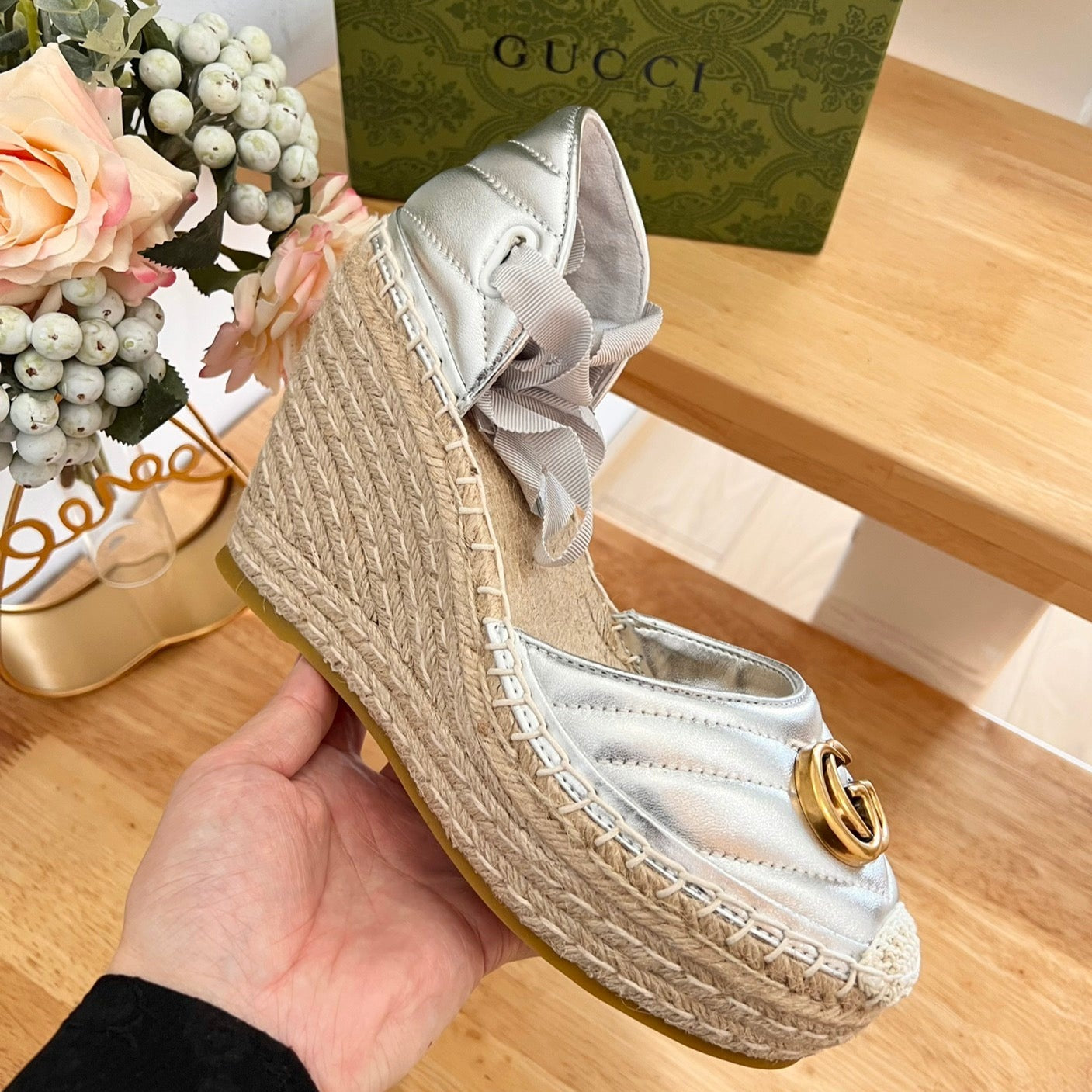 GUCCI Crochet platform Espadrilles Silver