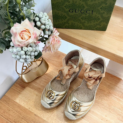GUCCI Crochet platform Espadrilles Rose Tan Leather