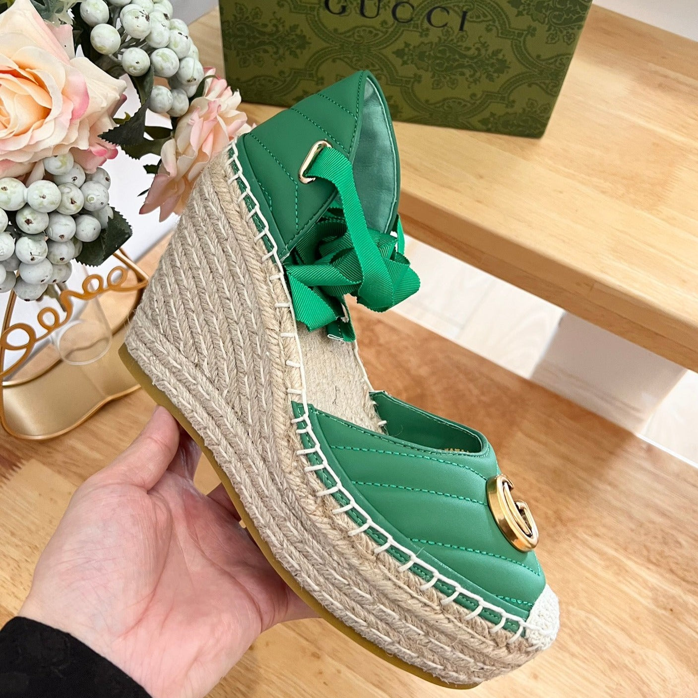 GUCCI Crochet platform Espadrilles Jade Green
