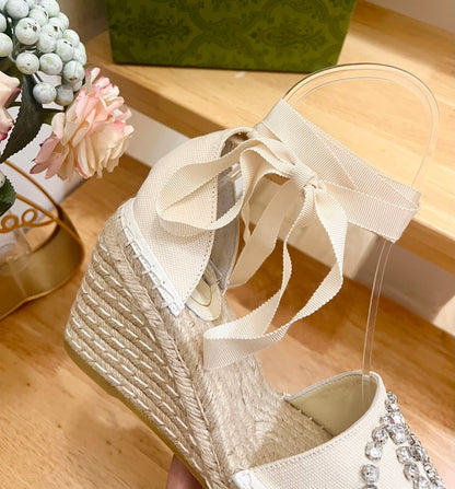 GUCCI PLATFORM WITH RHINESTONE LOGO IN CREAM BEIGE CANVAS AND STRAW LINING