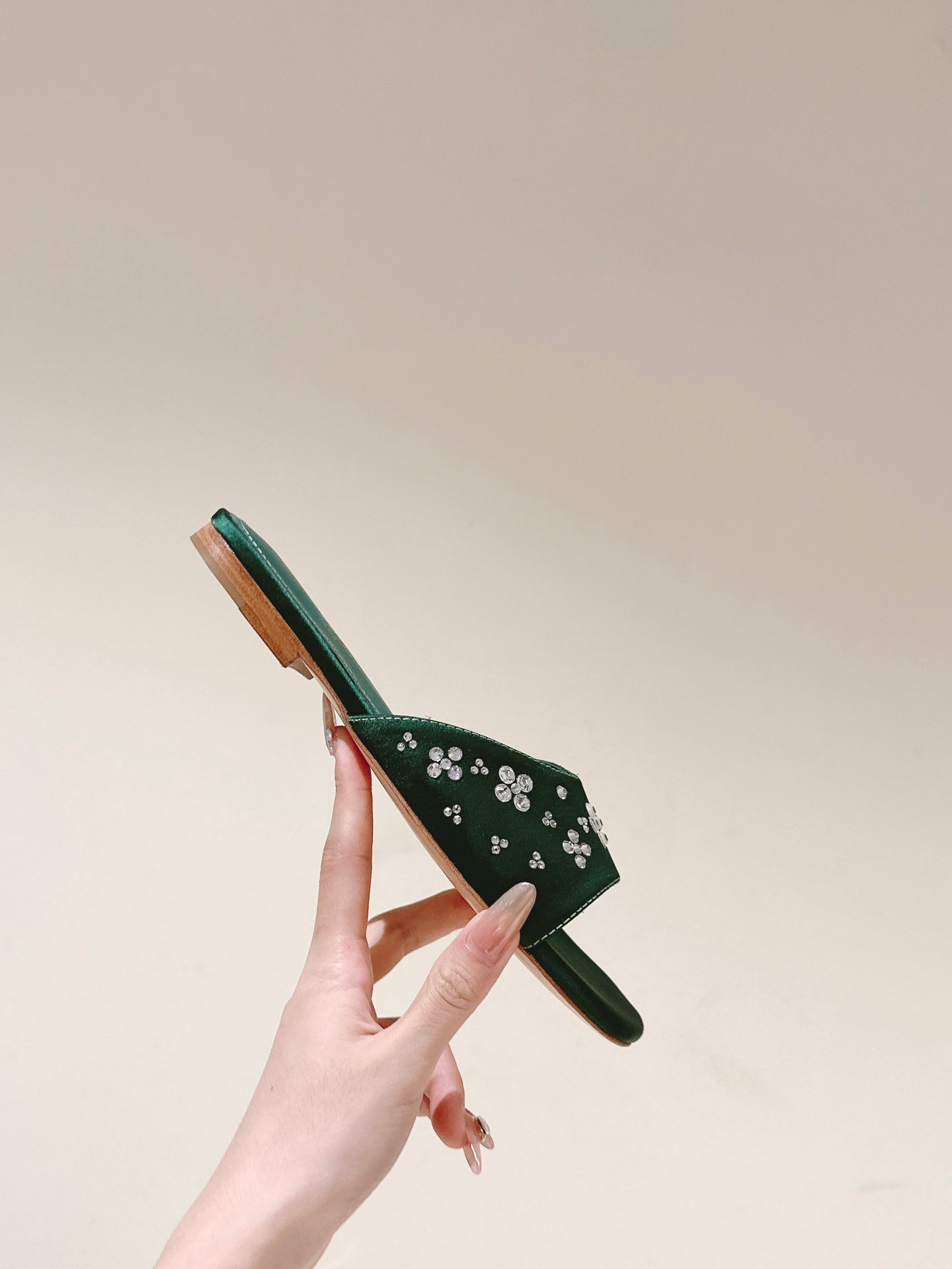 LOUIS VUITTON LV WOMEN FLAT MULE IN GREEN FOREST SATIN WITH RHINESTONE