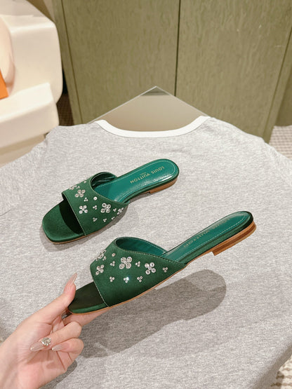 LOUIS VUITTON LV WOMEN FLAT MULE IN GREEN FOREST SATIN WITH RHINESTONE