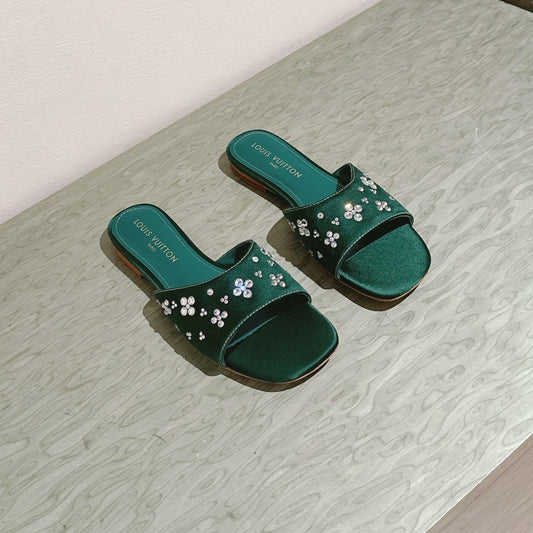 LOUIS VUITTON LV WOMEN FLAT MULE IN GREEN FOREST SATIN WITH RHINESTONE