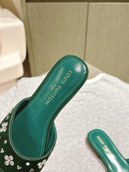LOUIS VUITTON LV WOMEN FLAT MULE IN GREEN FOREST SATIN WITH RHINESTONE