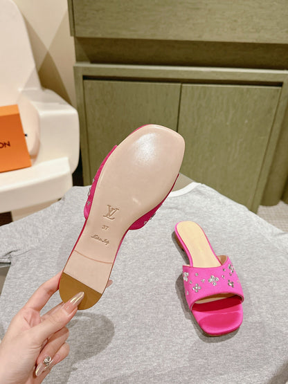 LOUIS VUITTON LV WOMEN FLAT MULE IN DEEP PINK SATIN WITH RHINESTONE