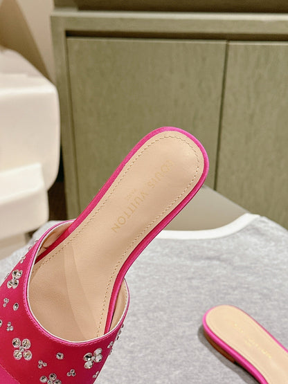 LOUIS VUITTON LV WOMEN FLAT MULE IN DEEP PINK SATIN WITH RHINESTONE