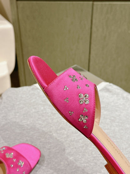 LOUIS VUITTON LV WOMEN FLAT MULE IN DEEP PINK SATIN WITH RHINESTONE