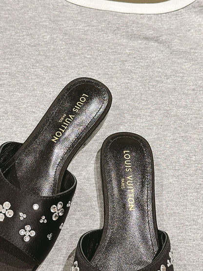 LOUIS VUITTON LV WOMEN FLAT MULE IN BLACK SATIN WITH RHINESTONE