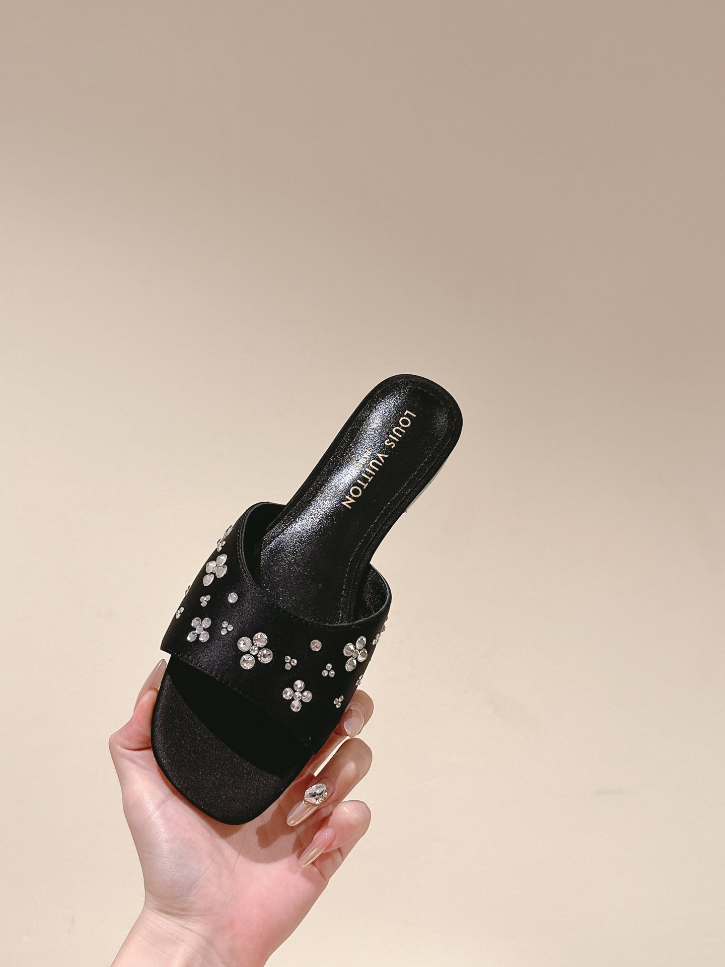 LOUIS VUITTON LV WOMEN FLAT MULE IN BLACK SATIN WITH RHINESTONE