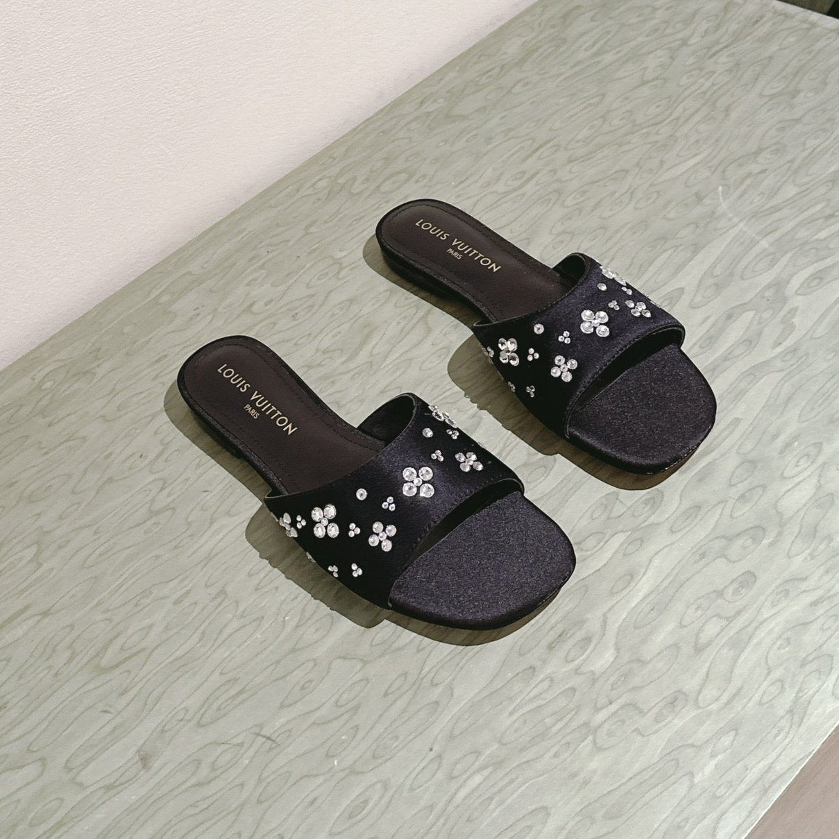 LOUIS VUITTON LV WOMEN FLAT MULE IN BLACK SATIN WITH RHINESTONE