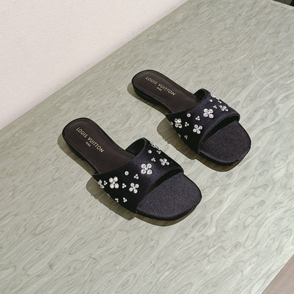 LOUIS VUITTON LV WOMEN FLAT MULE IN BLACK SATIN WITH RHINESTONE