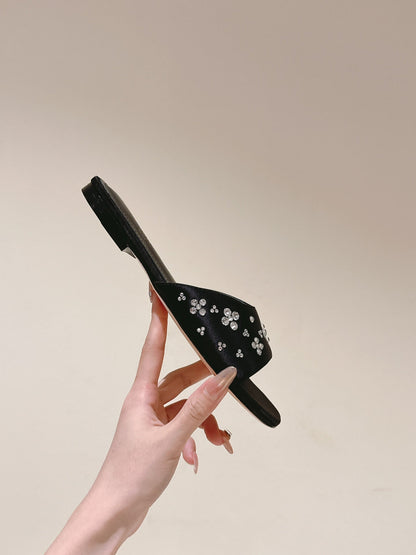 LOUIS VUITTON LV WOMEN FLAT MULE IN BLACK SATIN WITH RHINESTONE