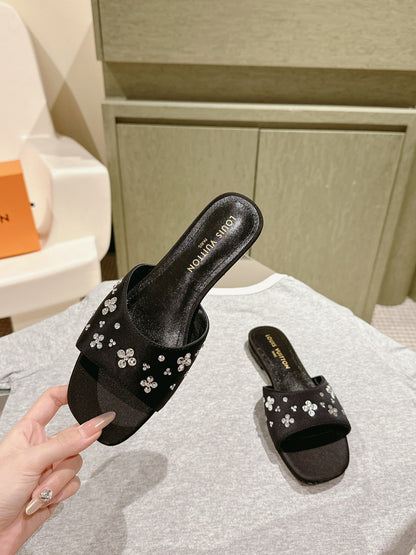 LOUIS VUITTON LV WOMEN FLAT MULE IN BLACK SATIN WITH RHINESTONE