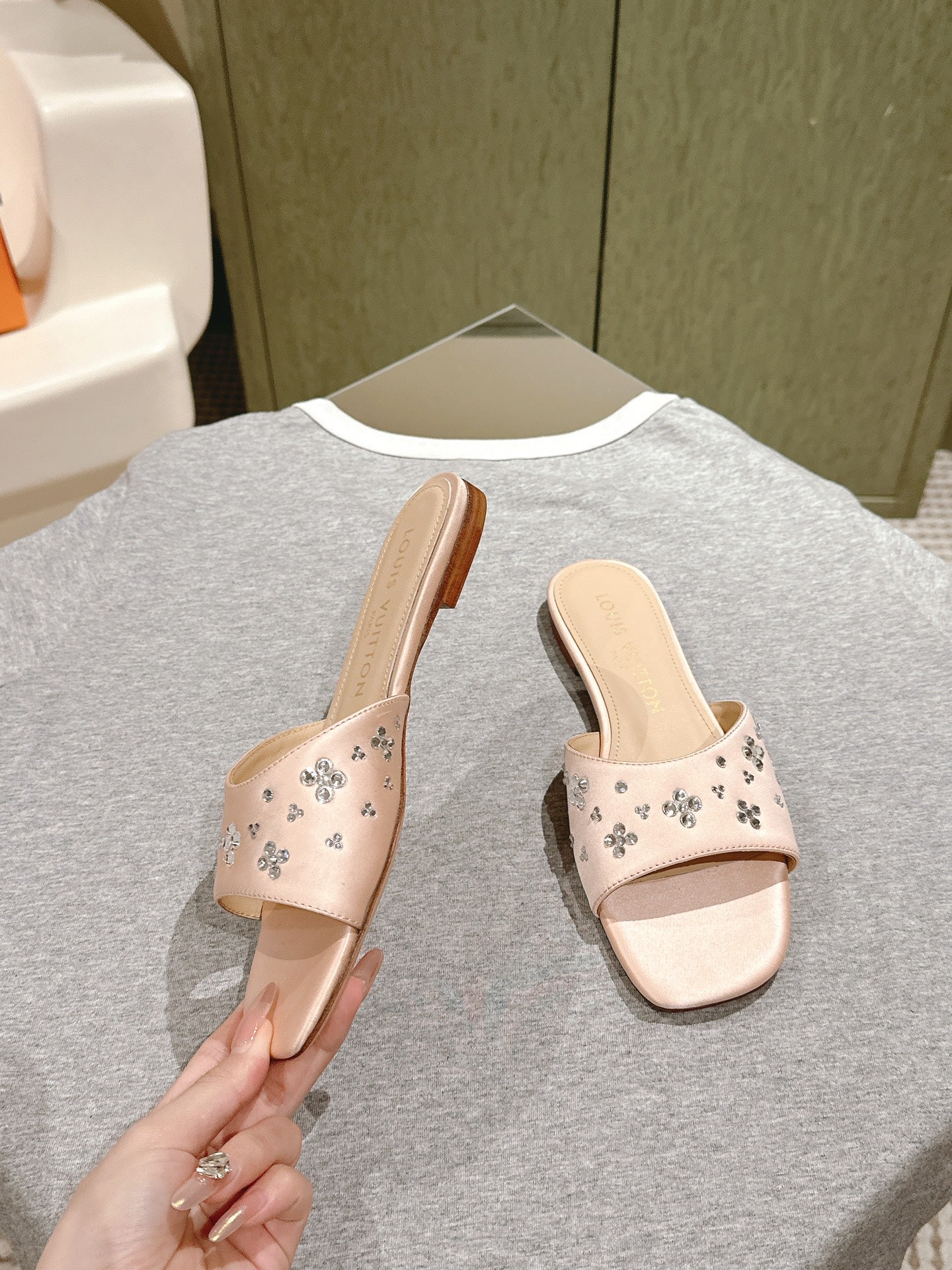 LOUIS VUITTON LV WOMEN FLAT MULE IN ALMOND BEIGE SATIN WITH RHINESTONE