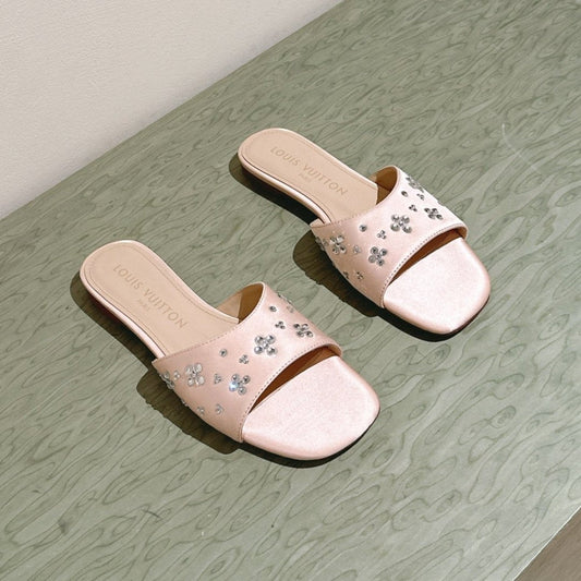 LOUIS VUITTON LV WOMEN FLAT MULE IN ALMOND BEIGE SATIN WITH RHINESTONE