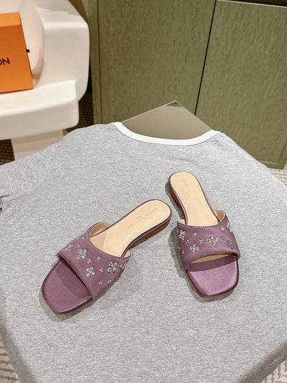LOUIS VUITTON LV WOMEN FLAT MULE IN MAUVE PURPLE SATIN WITH RHINESTONE