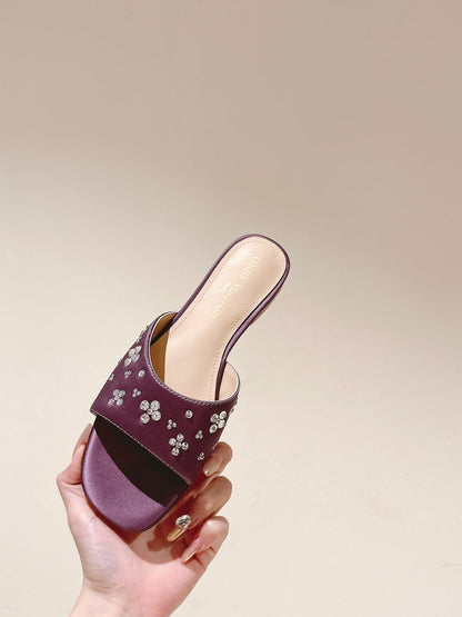 LOUIS VUITTON LV WOMEN FLAT MULE IN MAUVE PURPLE SATIN WITH RHINESTONE
