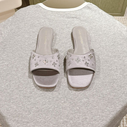 LOUIS VUITTON LV WOMEN FLAT MULE IN PASTEL PURPLE SATIN WITH RHINESTONE