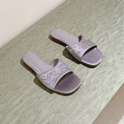 LOUIS VUITTON LV WOMEN FLAT MULE IN PASTEL PURPLE SATIN WITH RHINESTONE