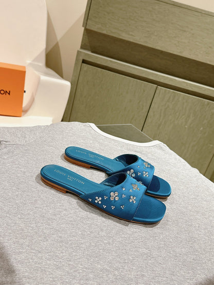 LOUIS VUITTON LV WOMEN FLAT MULE IN COBALT BLUE SATIN WITH RHINESTONE