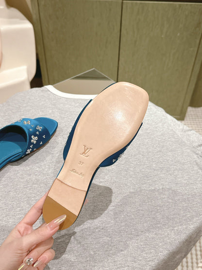 LOUIS VUITTON LV WOMEN FLAT MULE IN COBALT BLUE SATIN WITH RHINESTONE