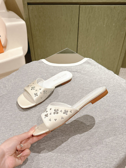 LOUIS VUITTON LV WOMEN FLAT MULE IN WHITE SATIN WITH RHINESTONE