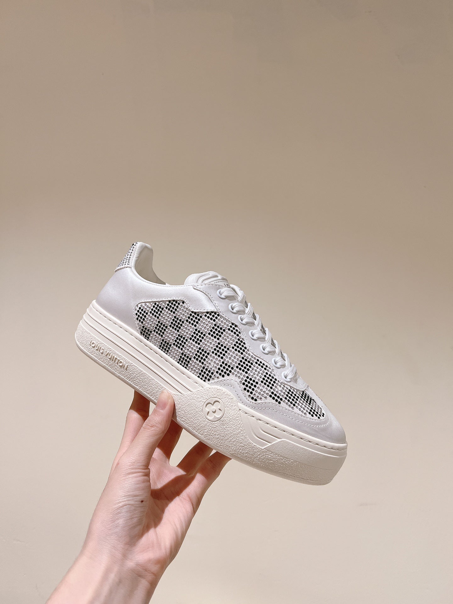 LOUIS VUITTON LV GROOVY SNEAKER IN WHITE MIX BLACK DAMIER STRASS AND CALFSKIN
