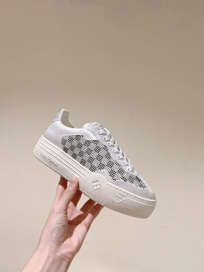 LOUIS VUITTON LV GROOVY SNEAKER IN WHITE MIX BLACK DAMIER STRASS AND CALFSKIN