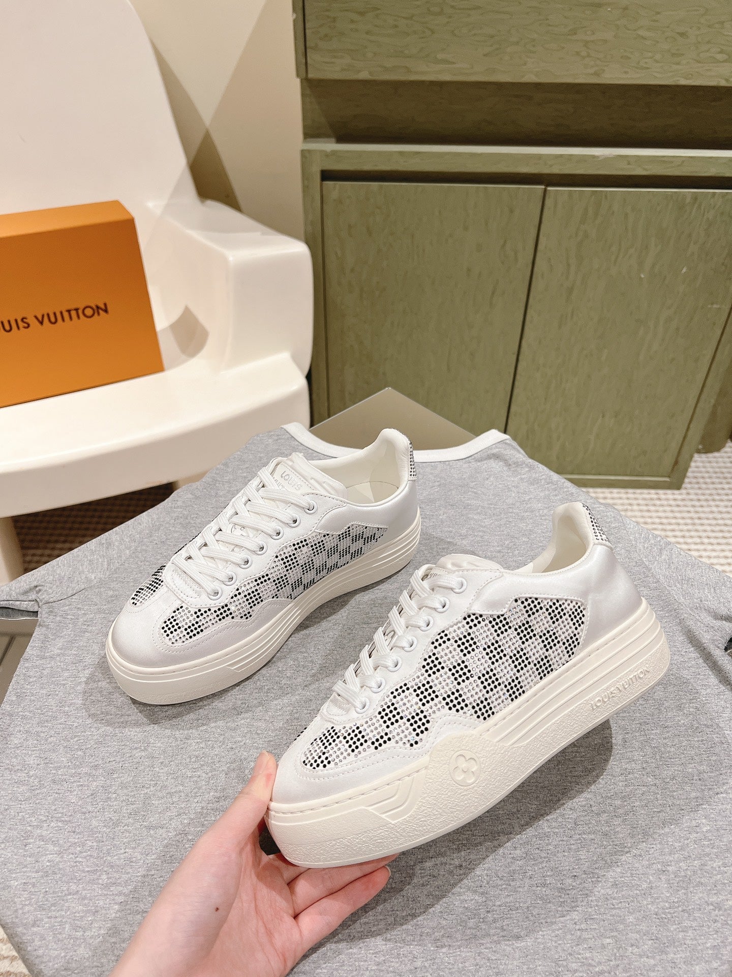 LOUIS VUITTON LV GROOVY SNEAKER IN WHITE MIX BLACK DAMIER STRASS AND CALFSKIN