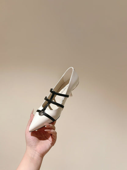 LOUIS VUITTON HIGH PUMP 45MM IN WHITE CALFSKIN WITH BLACK STRAPS