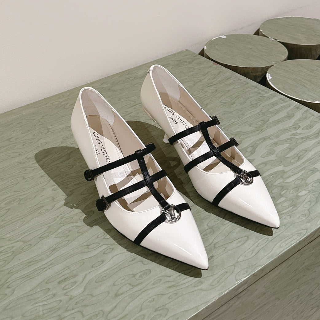 LOUIS VUITTON HIGH PUMP 45MM IN WHITE CALFSKIN WITH BLACK STRAPS