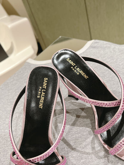 LOUIS VUITTON HIGH HEEL MULE 10 CM IN BABY PINK SATIN WITH RHINESTONES