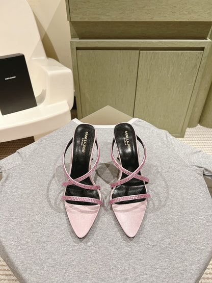 LOUIS VUITTON HIGH HEEL MULE 10 CM IN BABY PINK SATIN WITH RHINESTONES