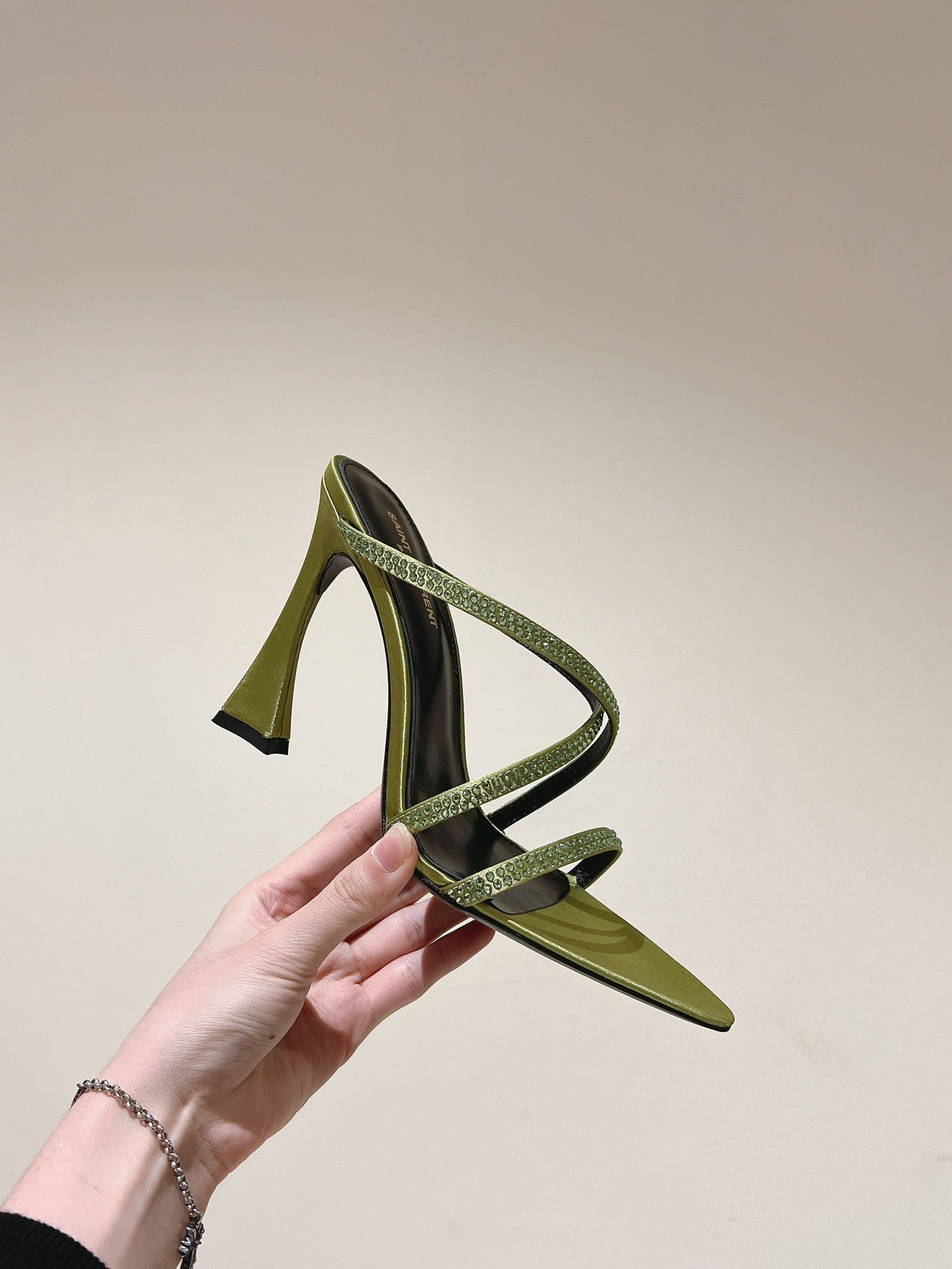 LOUIS VUITTON HIGH HEEL MULE 10 CM IN OLIVE GREEN SATIN WITH RHINESTONES