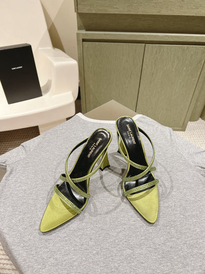 LOUIS VUITTON HIGH HEEL MULE 10 CM IN OLIVE GREEN SATIN WITH RHINESTONES