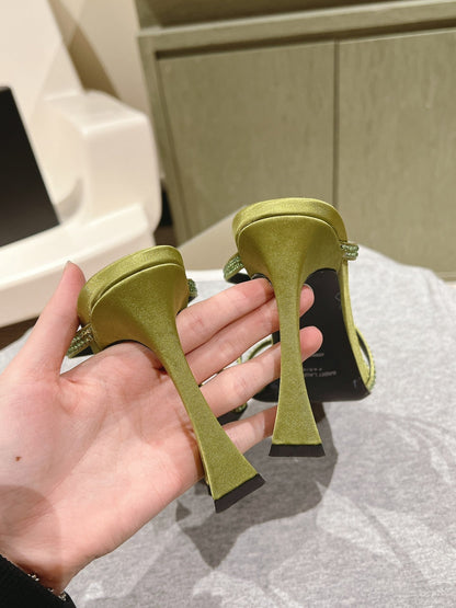 LOUIS VUITTON HIGH HEEL MULE 10 CM IN OLIVE GREEN SATIN WITH RHINESTONES