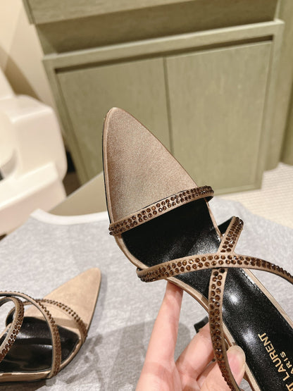 LOUIS VUITTON HIGH HEEL MULE 10 CM IN CAMEL BEIGE SATIN WITH RHINESTONES