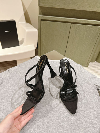 LOUIS VUITTON HIGH HEEL MULE 10 CM IN BLACK SATIN WITH RHINESTONES