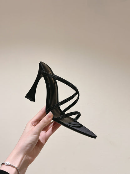 LOUIS VUITTON HIGH HEEL MULE 10 CM IN BLACK SATIN WITH RHINESTONES