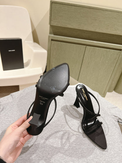 LOUIS VUITTON HIGH HEEL MULE 10 CM IN BLACK SATIN WITH RHINESTONES