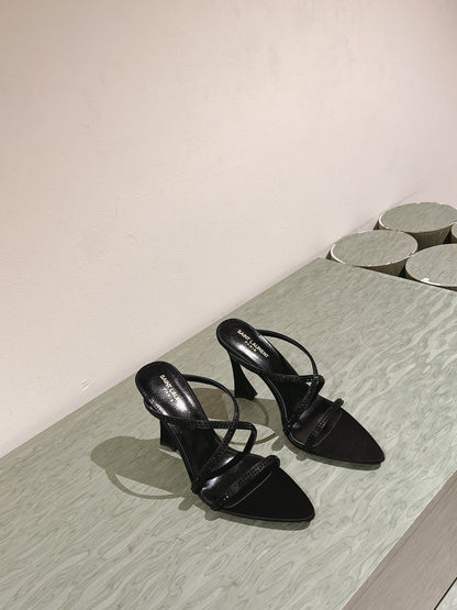 LOUIS VUITTON HIGH HEEL MULE 10 CM IN BLACK SATIN WITH RHINESTONES