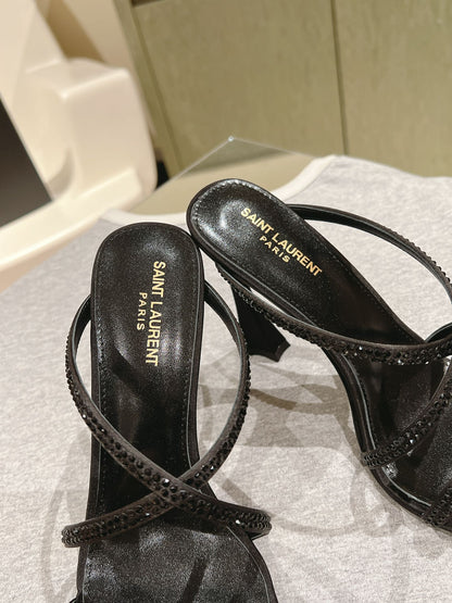 LOUIS VUITTON HIGH HEEL MULE 10 CM IN BLACK SATIN WITH RHINESTONES