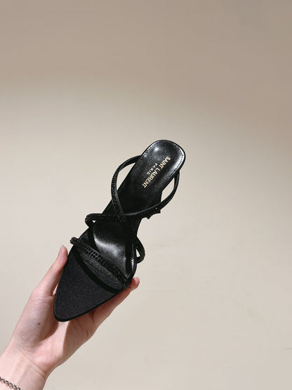 LOUIS VUITTON HIGH HEEL MULE 10 CM IN BLACK SATIN WITH RHINESTONES
