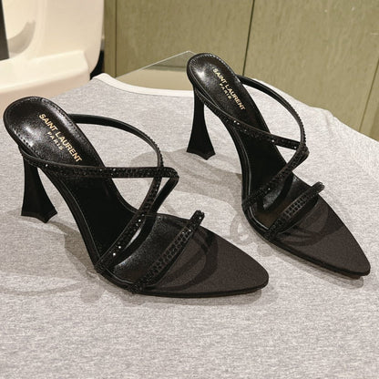 LOUIS VUITTON HIGH HEEL MULE 10 CM IN BLACK SATIN WITH RHINESTONES