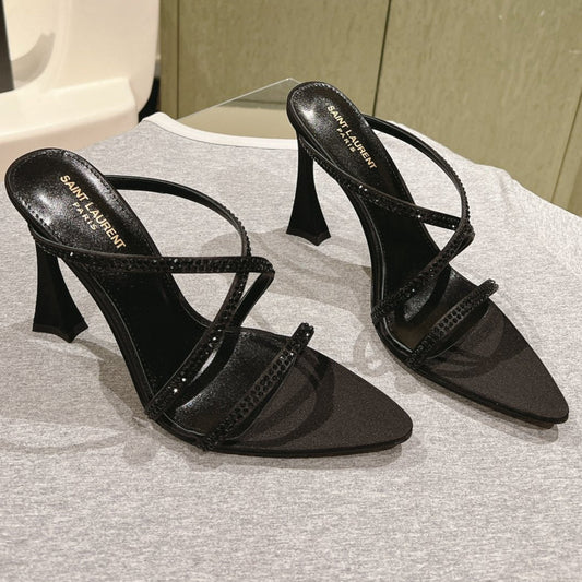 LOUIS VUITTON HIGH HEEL MULE 10 CM IN BLACK SATIN WITH RHINESTONES
