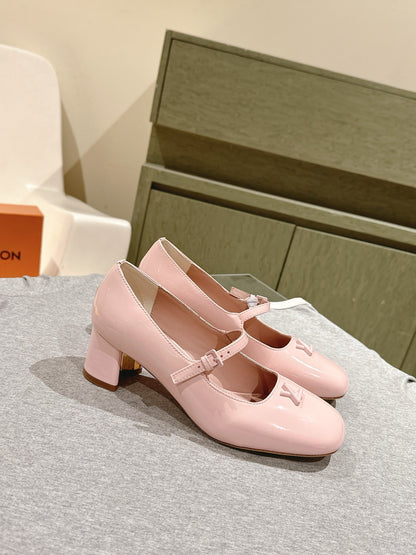 LOUIS VUITTON SWING HIGH MARY JANE 55 MM IN PALE PINK PATENT CALFSKIN