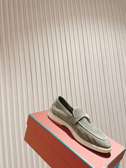 LP LOAFERS 25S IN MOSS GREEN SUEDE WITH SILVER HARDWARE