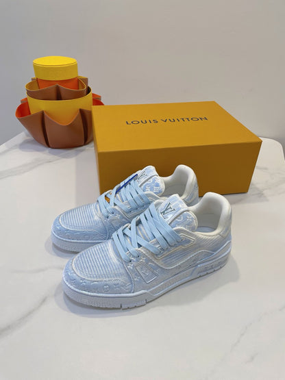 LOUIS VUITTON LV TRAINER MAXI SNEAKER IN WHITE MIX LIGHT BLUE EMBOSSED CALFSKIN