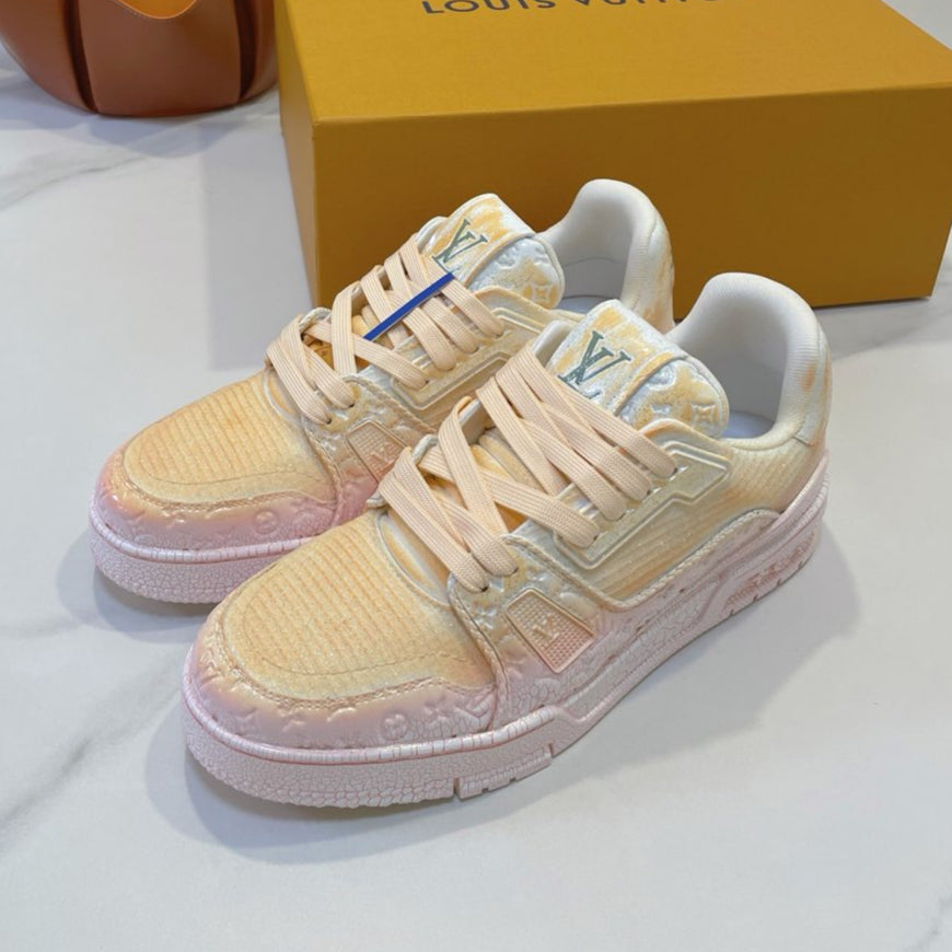 LOUIS VUITTON LV TRAINER MAXI SNEAKER IN LIGHT PINK OMBRE ORANGE EMBOSSED CALFSKIN
