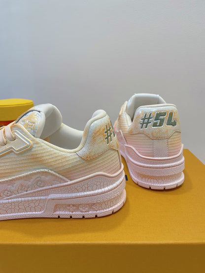 LOUIS VUITTON LV TRAINER MAXI SNEAKER IN LIGHT PINK OMBRE ORANGE EMBOSSED CALFSKIN